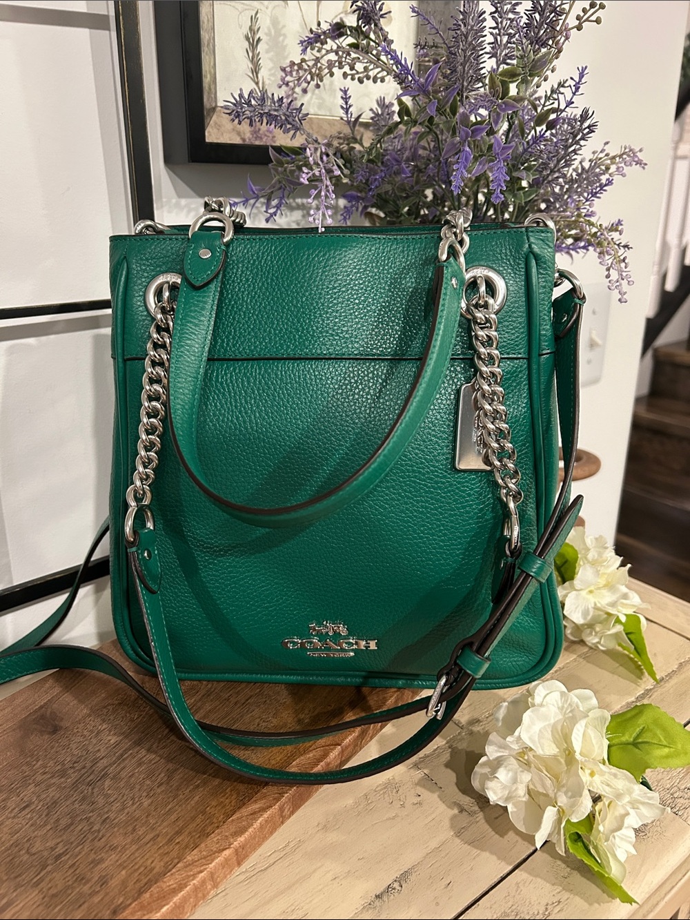 Coach Emerald Green Pebbled Leather Chain-Handle Shoulder Bag
